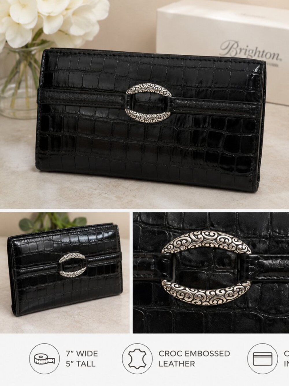 Brighton Black Croc Embossed Leather Checkbook Wallet Organizer